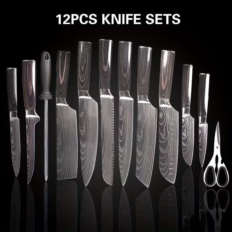 12 Damascus Pattern Kitchen Knives, Stainless Steel Chef'S Knife