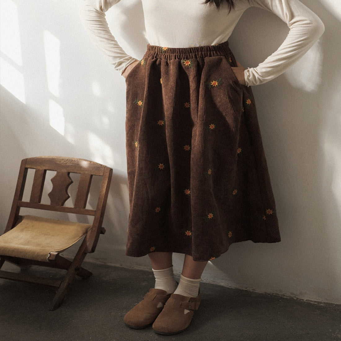 Vintage Corduroy Embroidery Floral High Waist Skirt