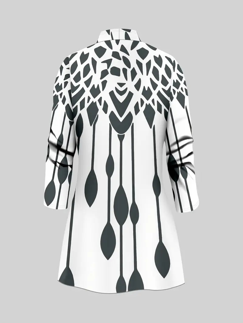 Women's 3pcs Collision Set: Geometric Print Cardigan, Sleeveless Vest And Solid Color Pant Set