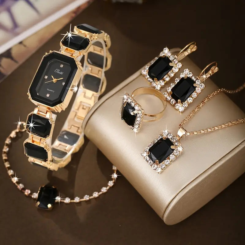 Fashionable small, fresh, retro and simple quartz watch + 5pcs set of black square jewelry set