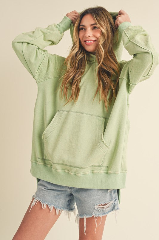 Aemi + Co Exposed Seam Side Slit Hoodie with Kangaroo Pocket