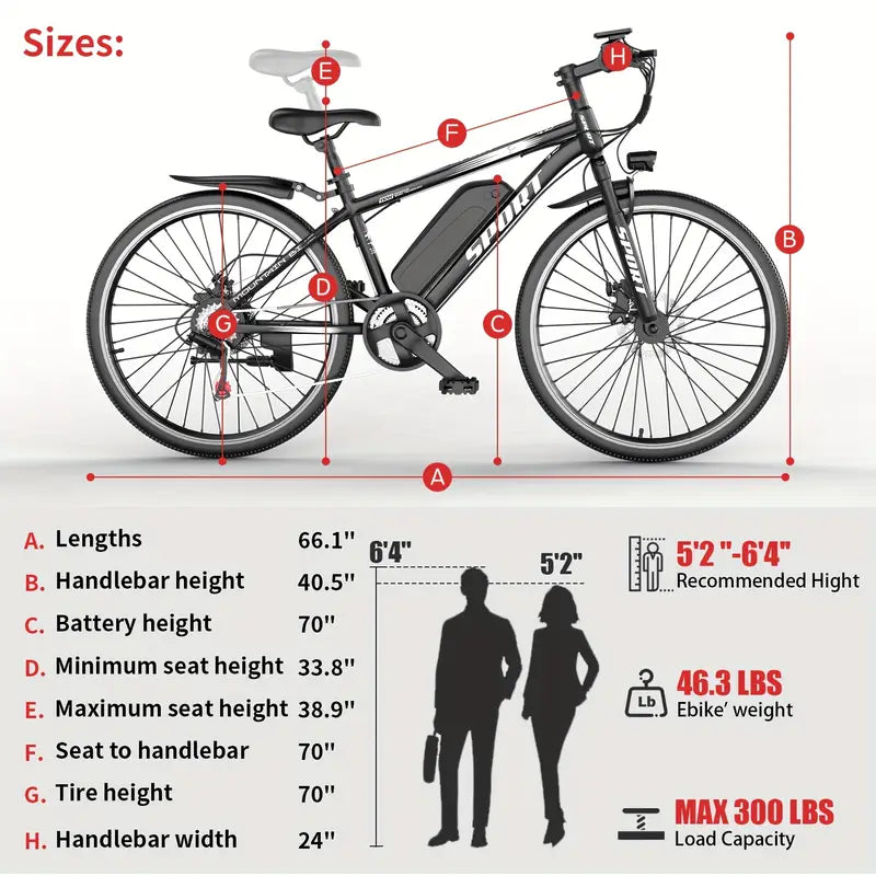 26-Inch Adult Electric Bicycle, Peak 740W Brushless Motor, 20MPH