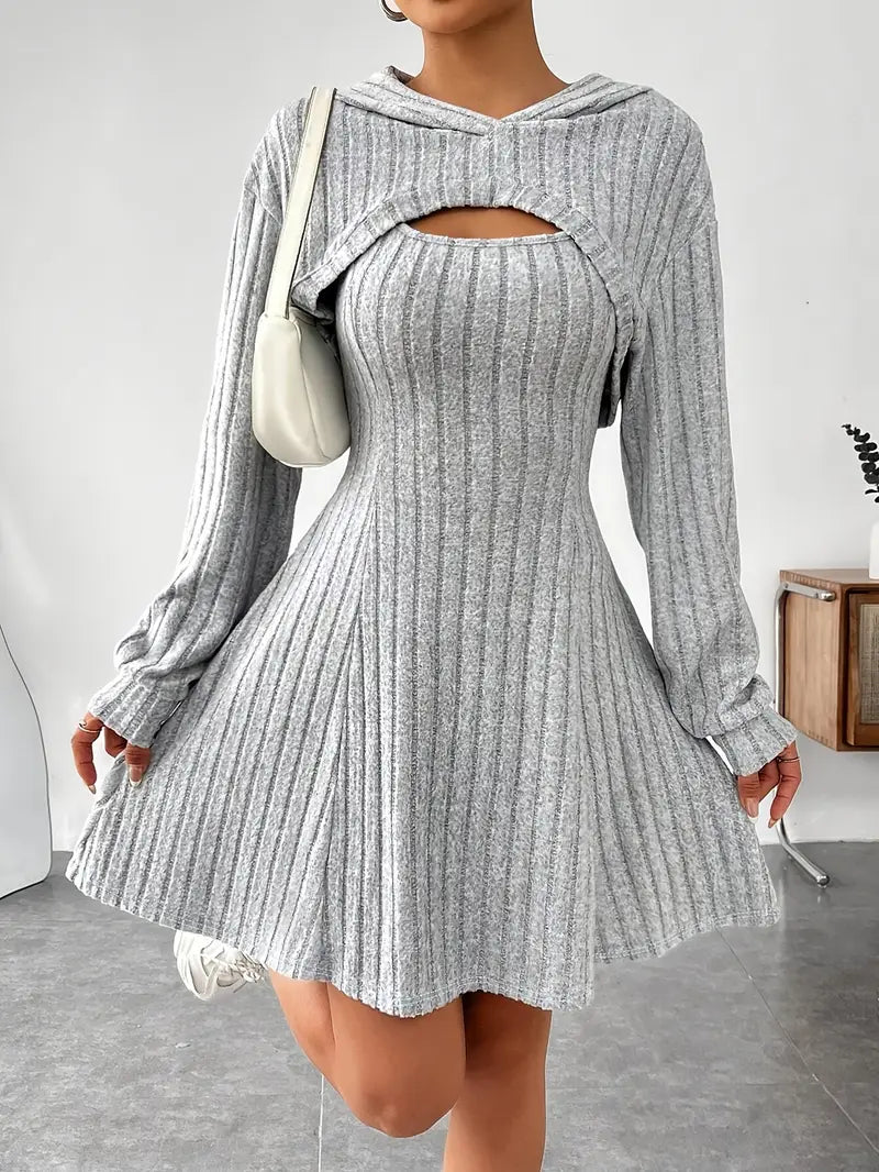 Ribbed Texture Two-Piece Set - Fashionable Short Top And Dress for Women