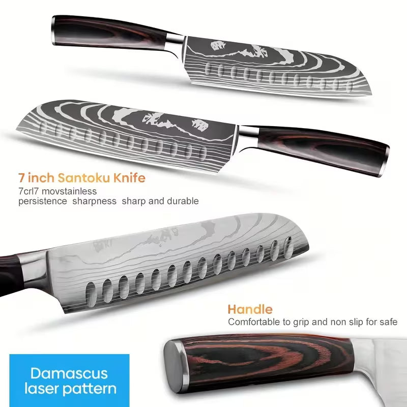 10pcs Mahogany Kitchen Chef Knife Set, 3.5-8 Inch, High Carbon Stainless Steel, Ergonomic Wooden Handle