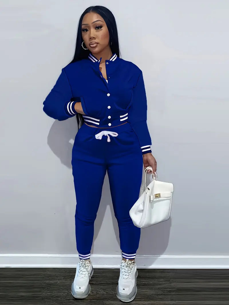 Women'S Baseball Jacket and Jumpsuit Set - Casual Two-Piece with Drawstring Waist, Button-Up Collar
