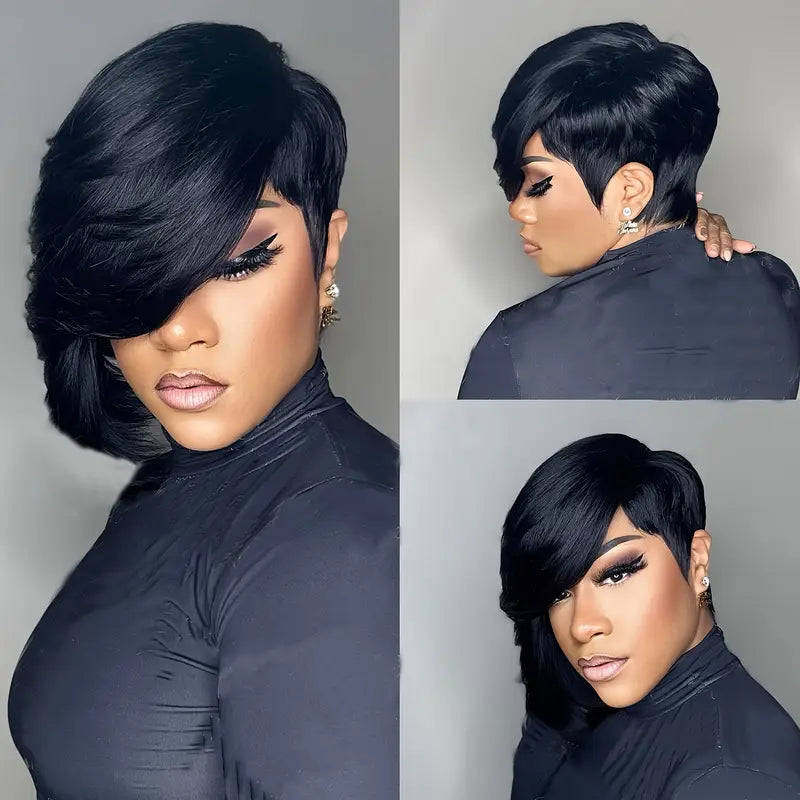 Short Pixie Cut Wig with Bangs 8 Inch Straight Virgin Layered Wigs Throw On and Go Glueless Wigs