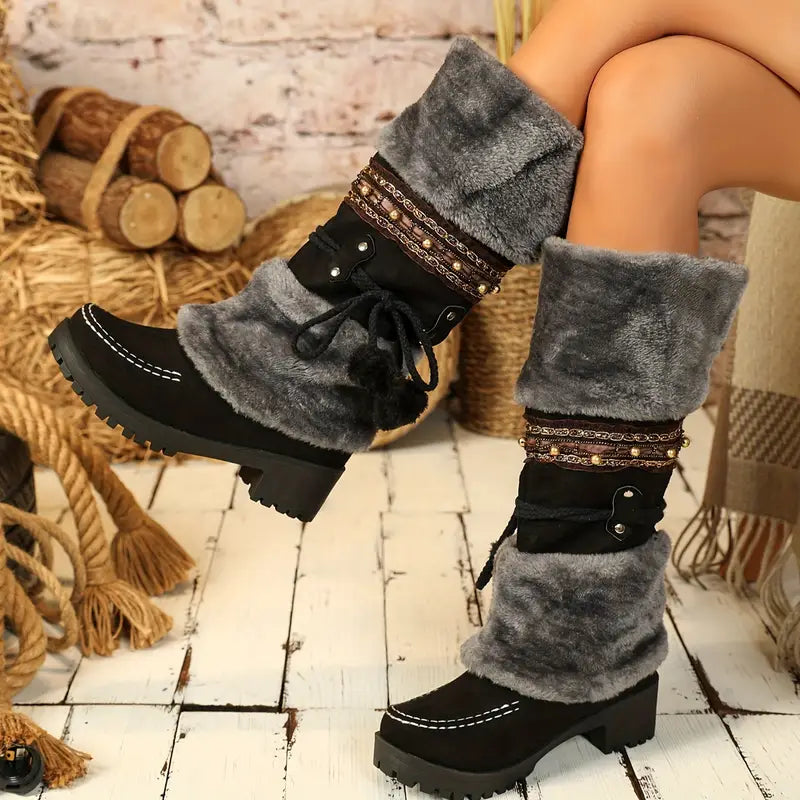 Women's Mid-Calf Boots, Autumn and Winter High Heel Ankle Boots with Faux Fur Lining
