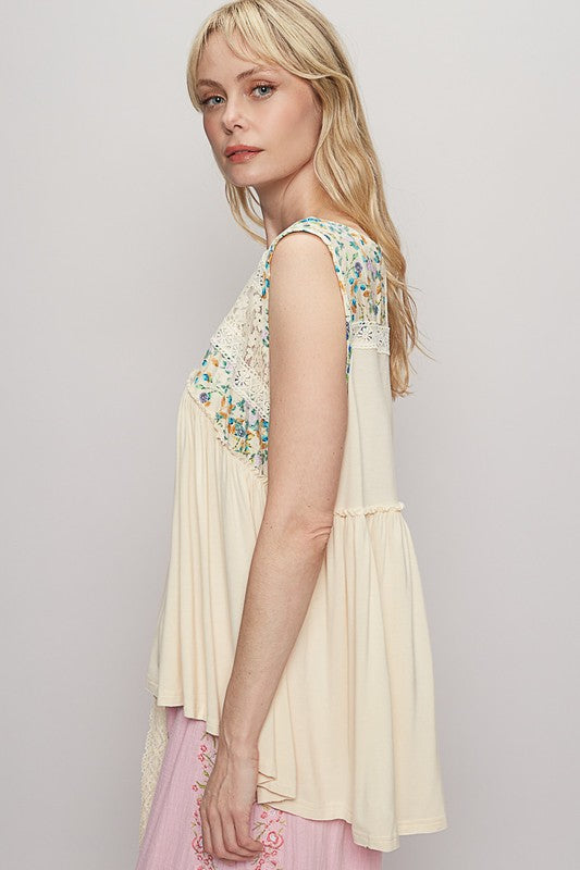 POL Lace Detail Frill Floral V-Neck Sleeveless Top