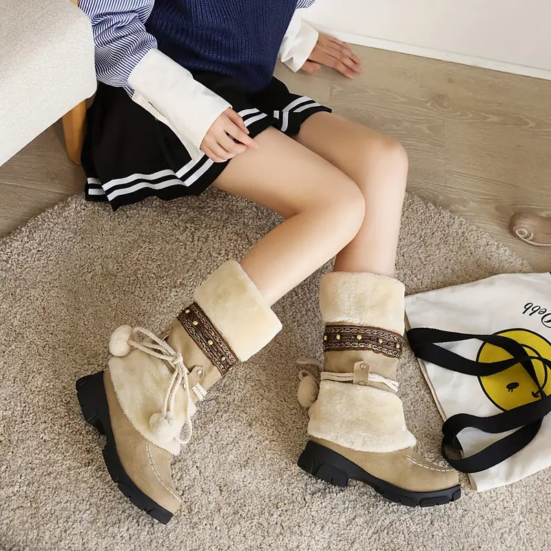 Women's Mid-Calf Slip-On Winter Snow Boots with Suede & Faux Fur, Striped Jingle Bells