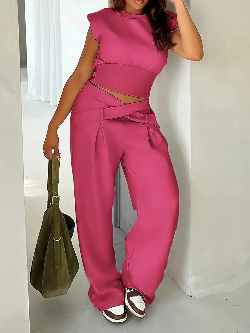 Long Sleeve Loose Top Polyester Blend Women'S Casual Solid Color Ribbed Pantsuit Set