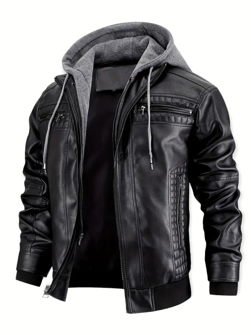 PU Leather Men’s Casual Stand Collar Zip-Up Motorcycle Bomber Jacket with Removable Hood