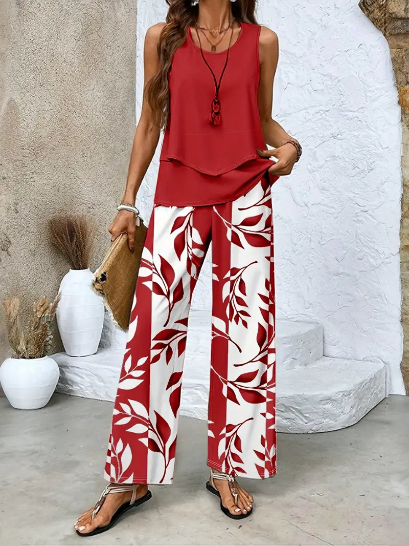 Casual Solid Color Sleeveless Top + Floral Print Wide-Leg Pants - Spring/Summer Fashion