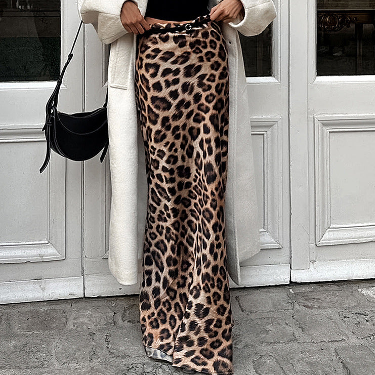 Leopard Print Satin Fishtail Skirt Skirt