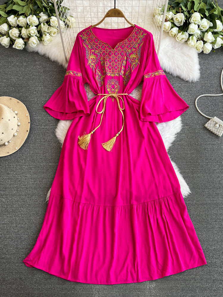 Travel Trumpet Sleeve E398 Style Embroidery Dress
