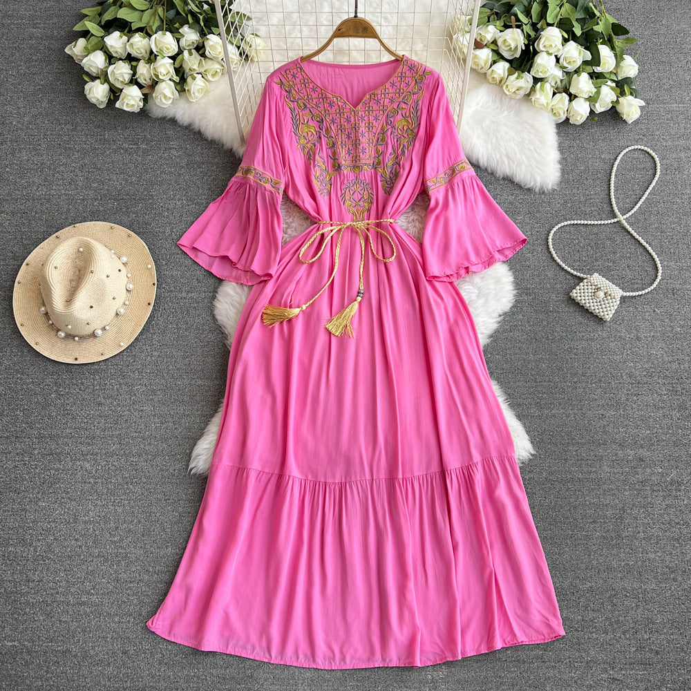 Travel Trumpet Sleeve E398 Style Embroidery Dress