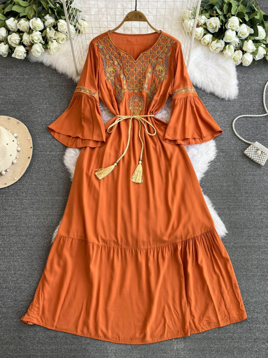 Travel Trumpet Sleeve E398 Style Embroidery Dress