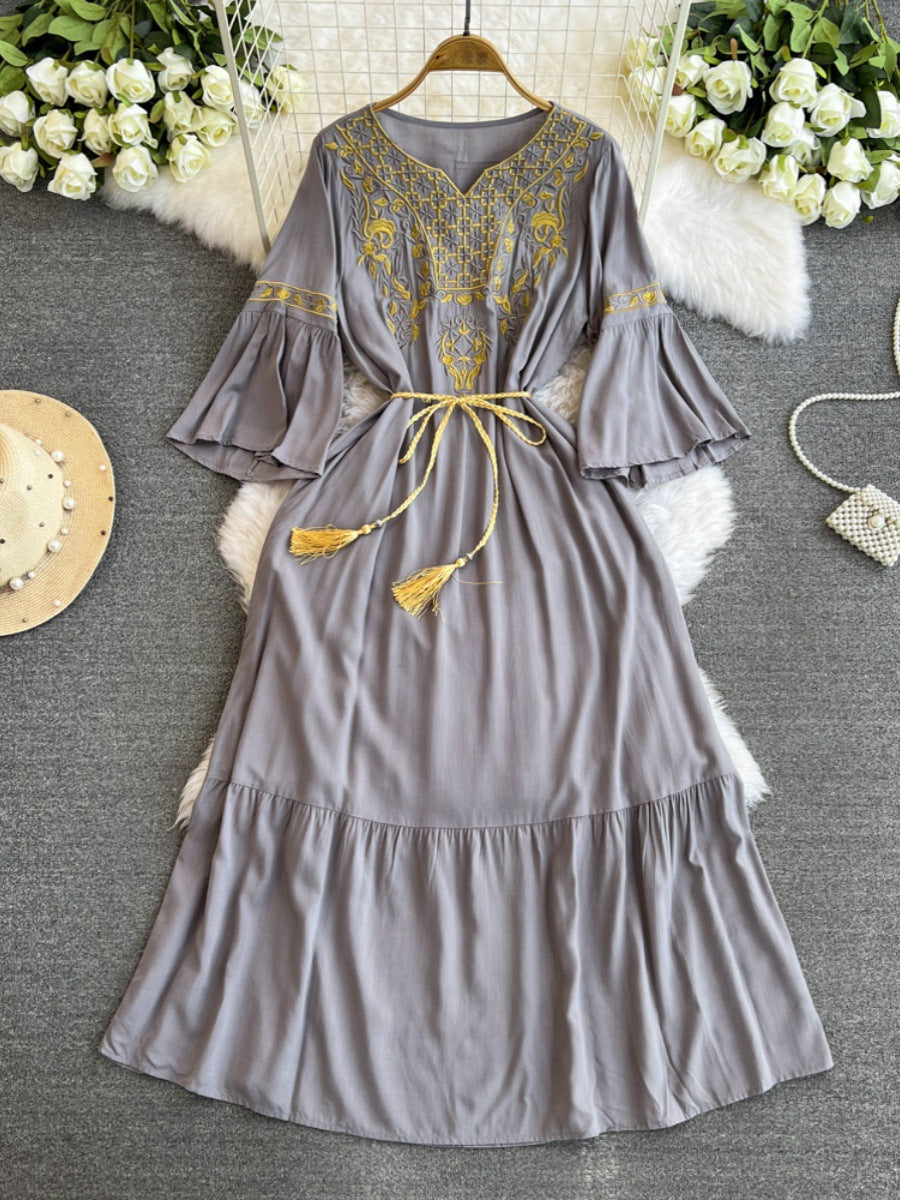 Travel Trumpet Sleeve E398 Style Embroidery Dress