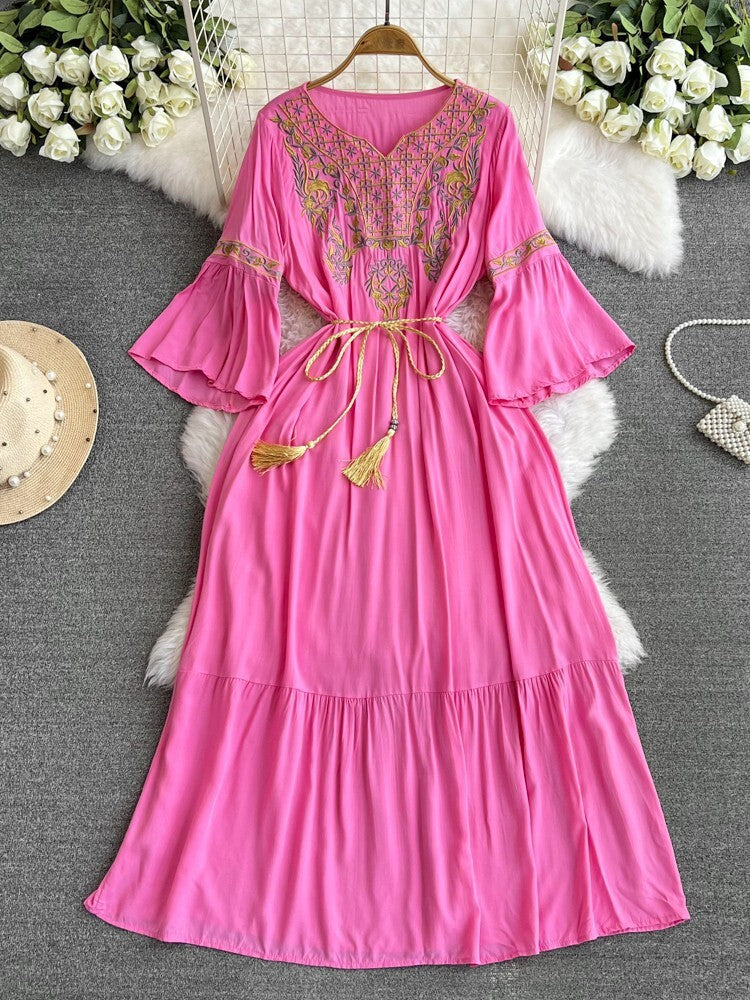 Travel Trumpet Sleeve E398 Style Embroidery Dress