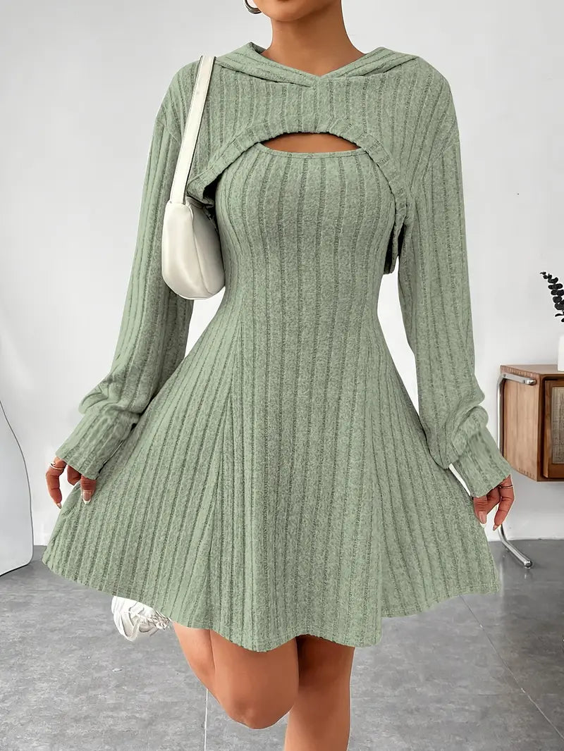 Ribbed Texture Two-Piece Set - Fashionable Short Top And Dress for Women