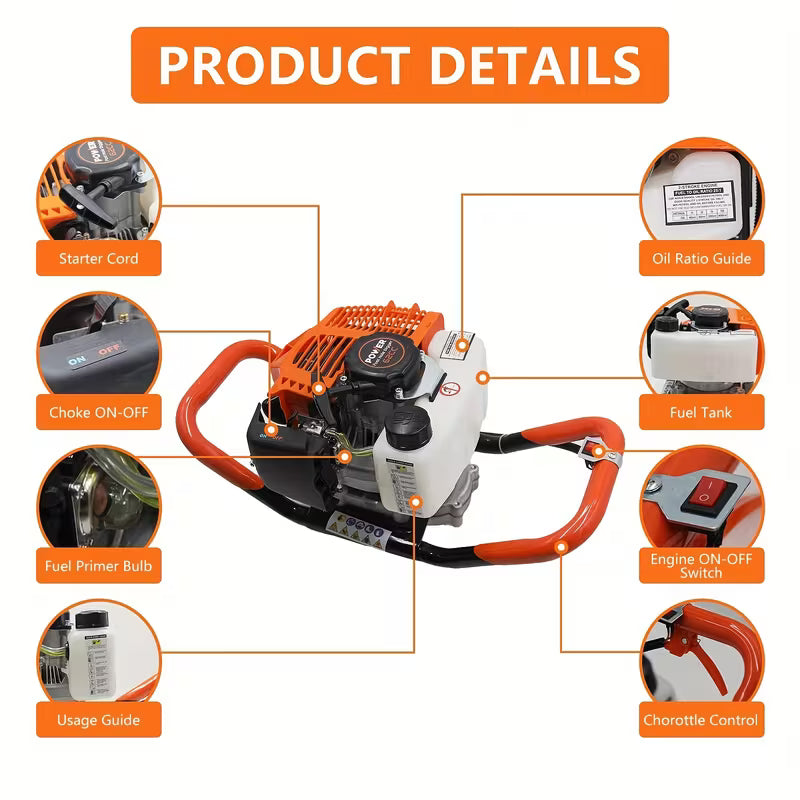 62CC Auger Post Hole Digger With 2 Auger Drill Bits(6" & 8") + 1 Extension Rods, 2 Stroke Gas Powered Earth Post Hole Digger