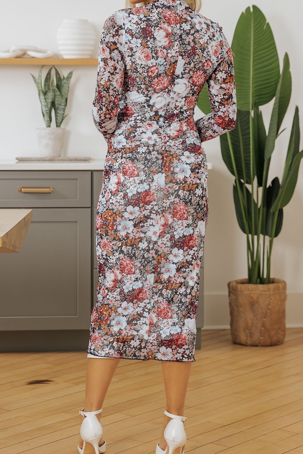 Printed Long Sleeve Midi Slim Dress