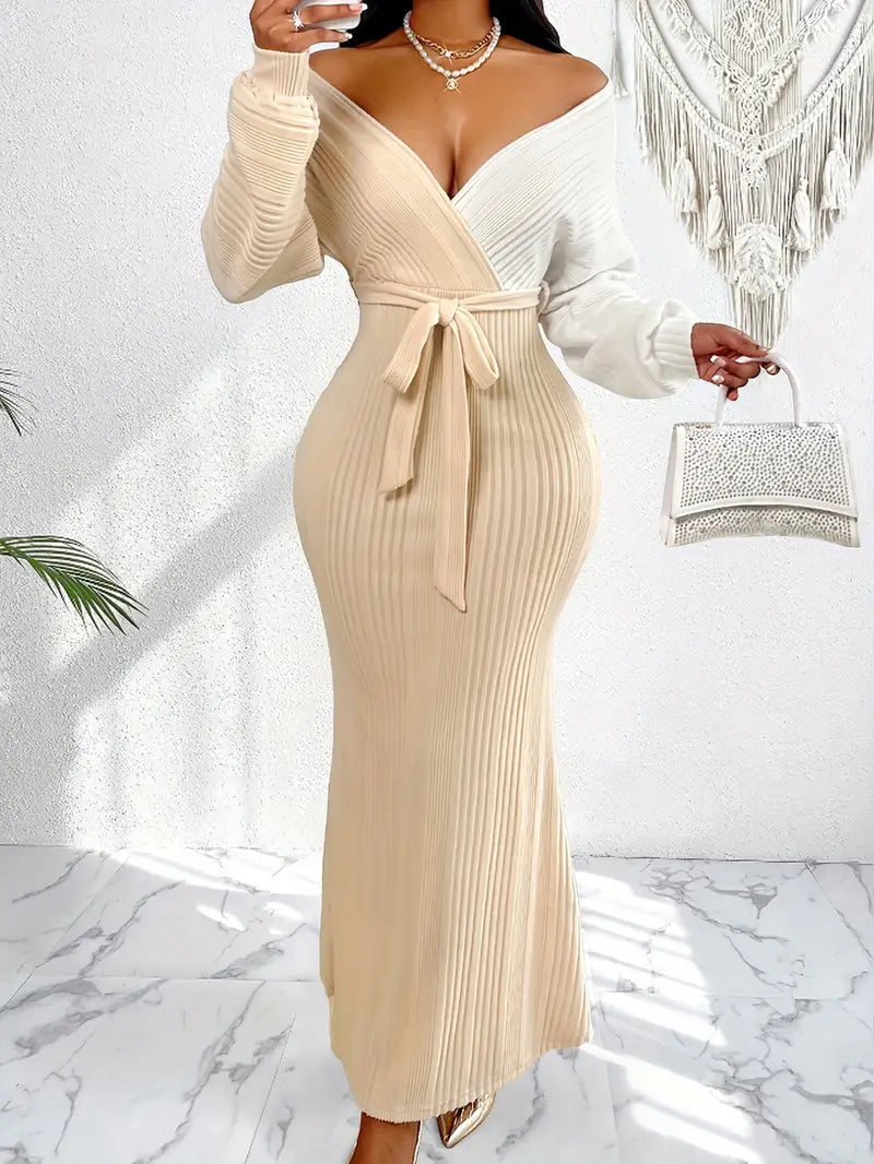 Two-Tone Polyester Elegant Batwing Sleeve Bodycon Long Dress with V-Neck Patchwork, Lace-Up Detail for Women, Fall Season