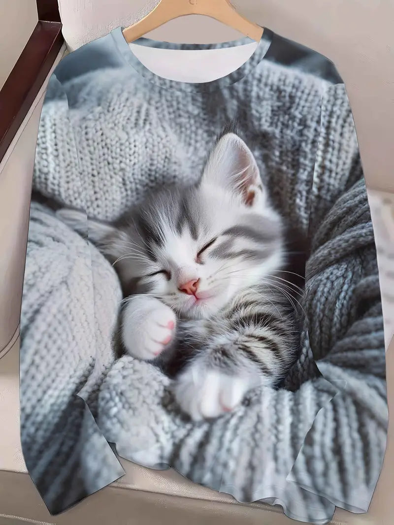 Women's Cute Tabby Kitten Print Long Sleeve T-Shirt - Soft Round Neck Sweater