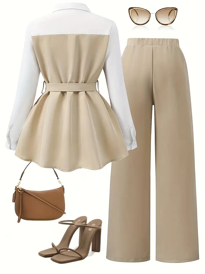 2pcs Set Of Long-sleeved Shirt And Pants for Casual Wear And Commuting, Featuring Bowknot Details