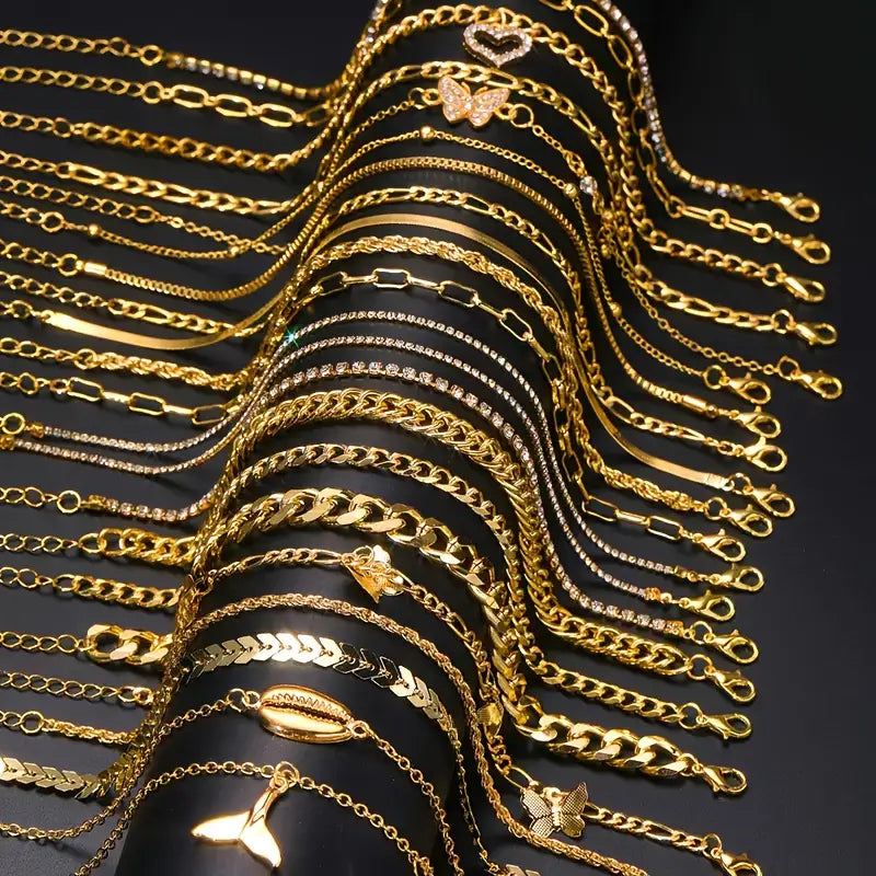 22pcs Vintage Rhinestone Metal Geometric Anklet Set - Multi-Layer Stacking Chain Style