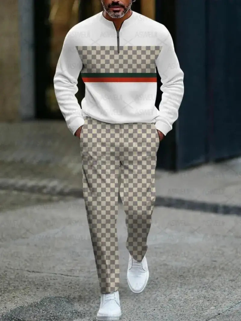 Men'S Stylish 3D Printed Long-Sleeve Polo Suit - Casual Two-Piece Set with Zipper, Regular Fit