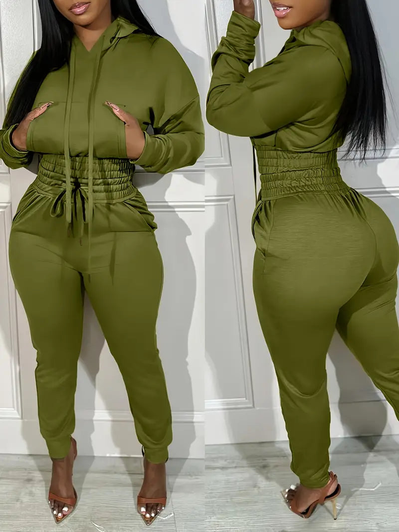 2 Piece Outfits Lounge Hoodie Shirred Waist Pocket Design Sweatshirt Cuffed Jogger Sweatpants Tracksuit