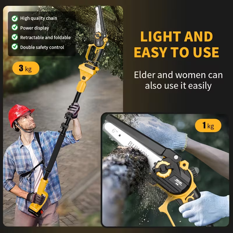 6-inch Mini Chainsaw with Additional Chain, 2-in-1 Cordless Chainsaw with Extension Rod