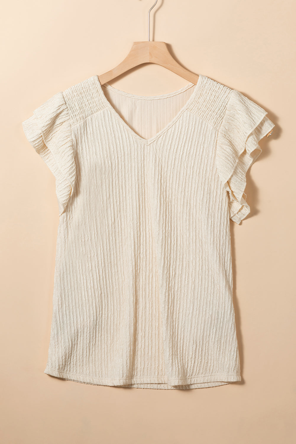 Apricot Crinkle Textured V Neck Flutter Sleeve Top