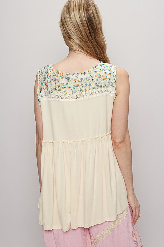 POL Lace Detail Frill Floral V-Neck Sleeveless Top