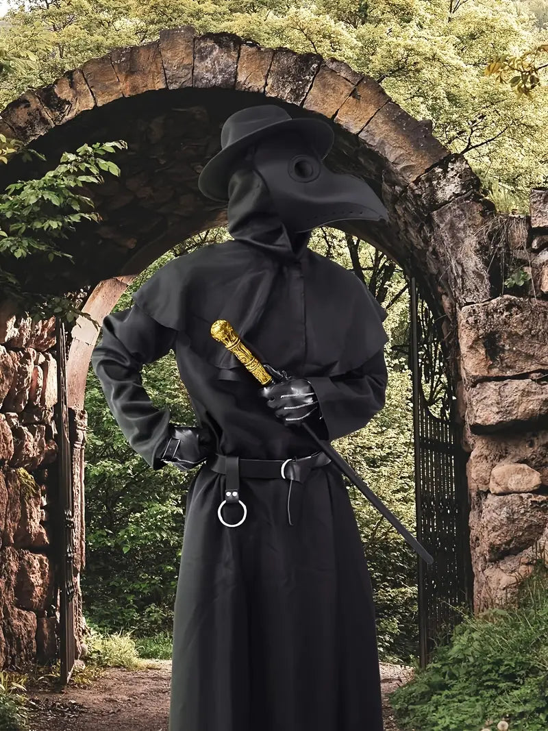 Halloween Costume Compatible for Plague Doctors with Bird Beak Mask, Black Cloak Robe with Hood