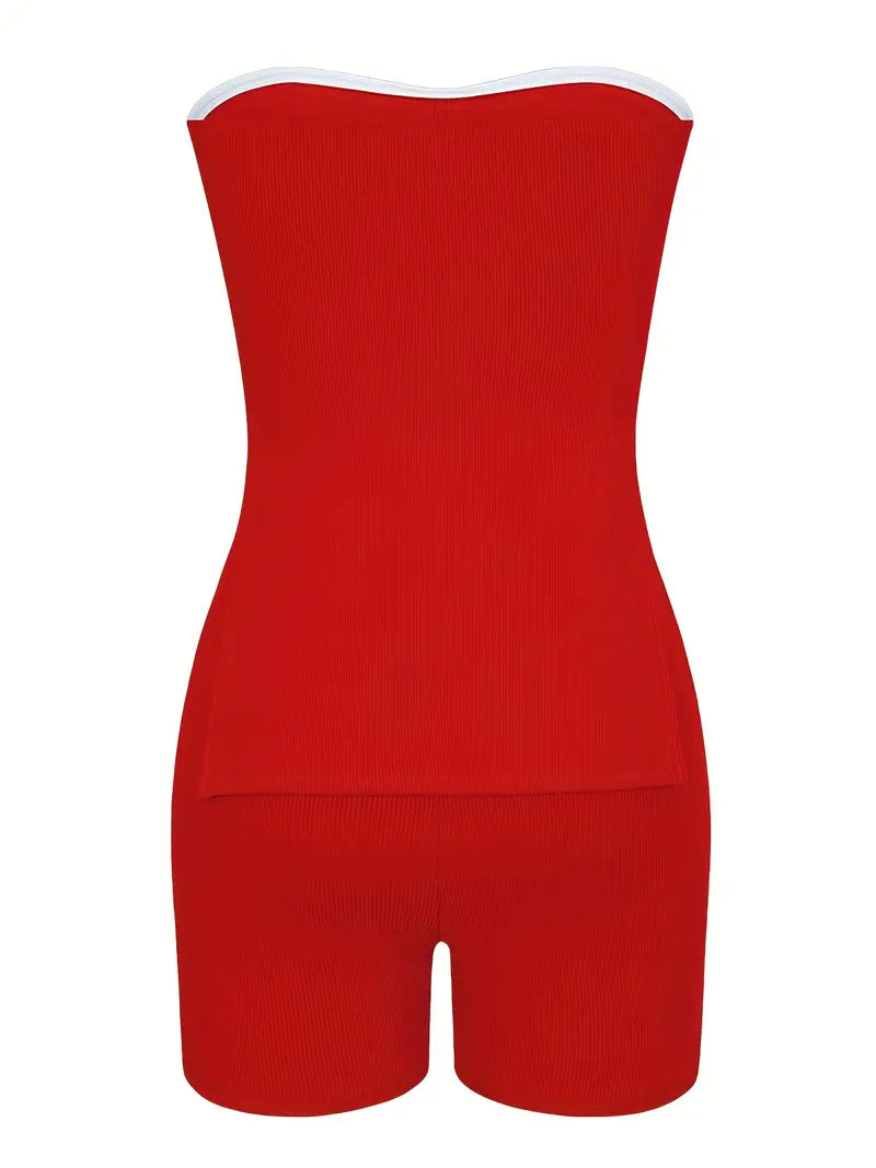 Sexy Matching Two-piece Set, Side Split Tube Top & Skinny Shorts Outfits