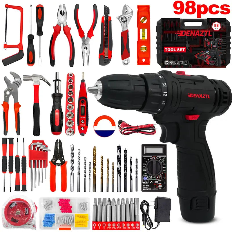 98pcs Cordless Drill -Tool Box With Drill, 12V Cordless Power Drill Set, 25+1 Position Electric Drill