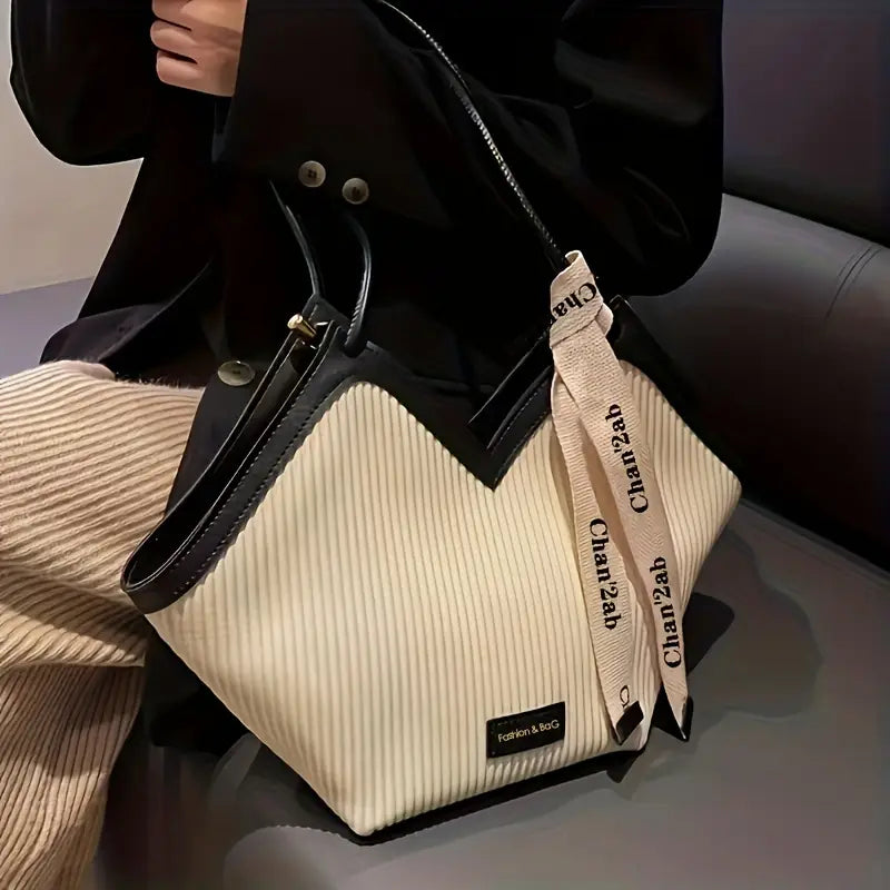 Durable PU Tote Bag - Stylish Love-Themed, Black with Golden-Tone Hardware