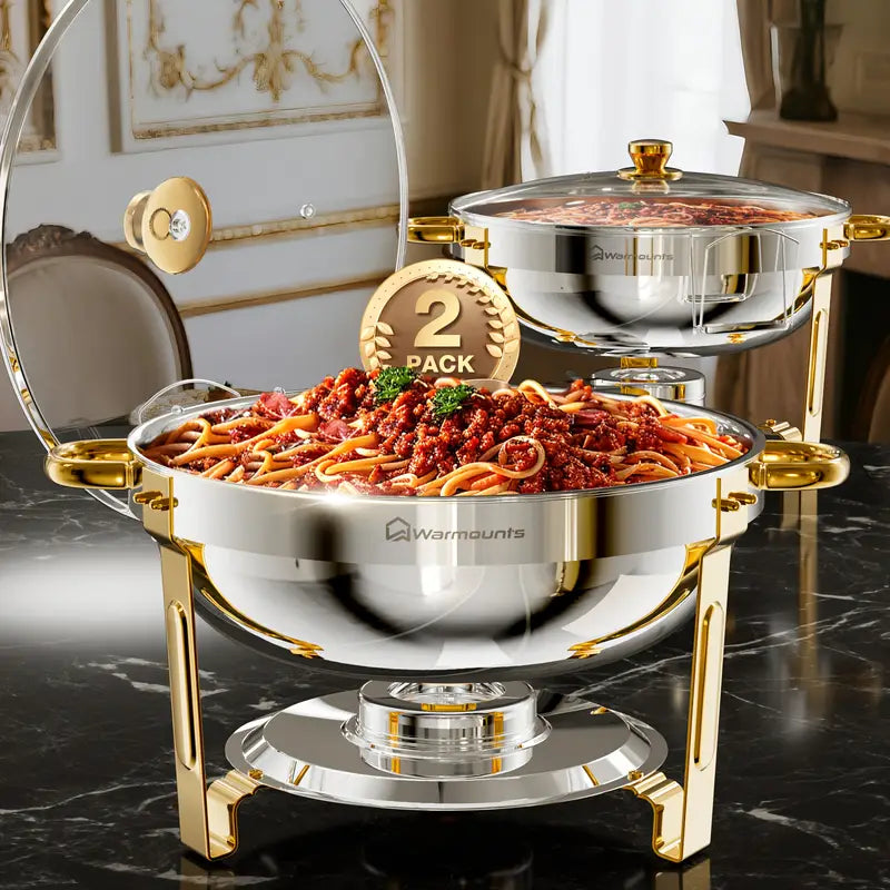WARMOUNTS 2/4 Pack Golden & Silvery 5QT Chafing Dishes for Buffet with Glass Lid - Food-Grade Stainless Steel Chafers and Buffet Warmers with Lid Holder