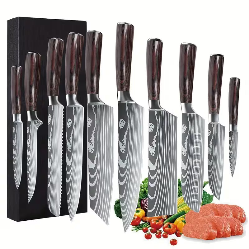 10pcs Mahogany Kitchen Chef Knife Set, 3.5-8 Inch, High Carbon Stainless Steel, Ergonomic Wooden Handle