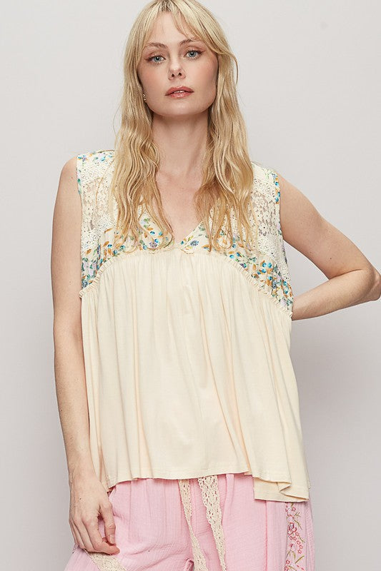 POL Lace Detail Frill Floral V-Neck Sleeveless Top