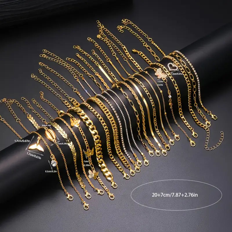 22pcs Vintage Rhinestone Metal Geometric Anklet Set - Multi-Layer Stacking Chain Style