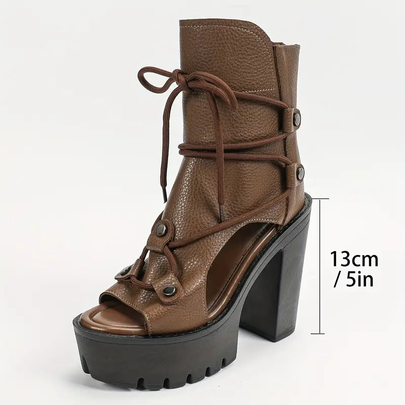 High Heel Block Microfiber Women's Fashion Retro Roman Open Toe Ankle Booties with Zip Closure