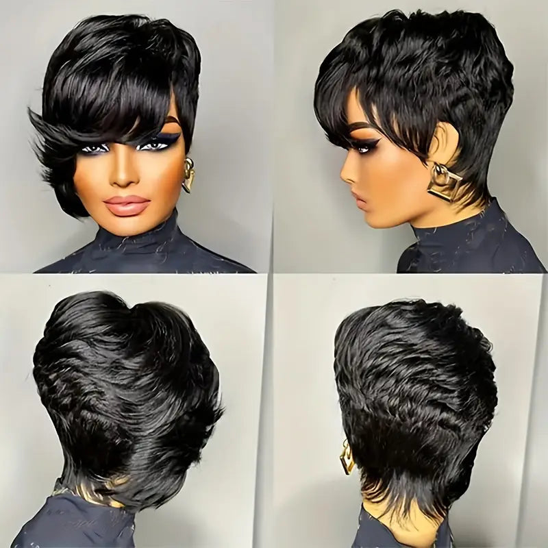 Short Pixie Cut Wig with Bangs 8 Inch Straight Virgin Layered Wigs Throw On and Go Glueless Wigs