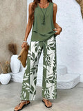 Casual Solid Color Sleeveless Top + Floral Print Wide-Leg Pants - Spring/Summer Fashion