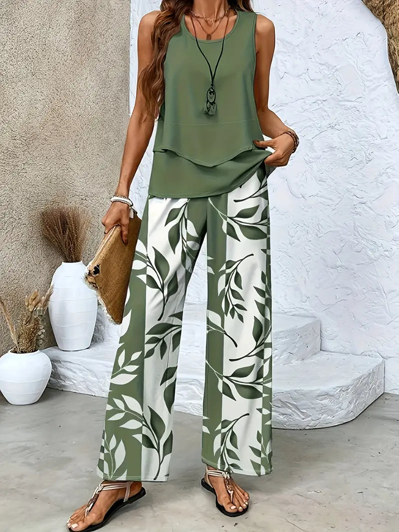 Casual Solid Color Sleeveless Top + Floral Print Wide-Leg Pants - Spring/Summer Fashion