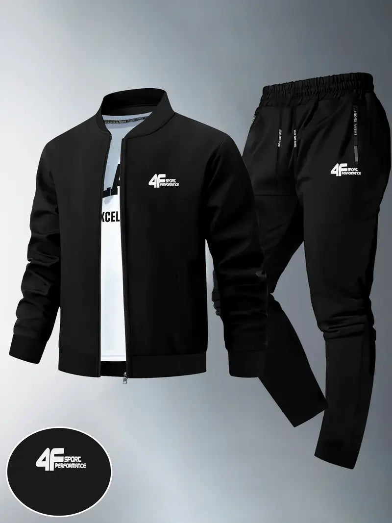 Two-Piece Men'S Slim Fit Jacket and Sports Pants Set, Polish Outdoor Print