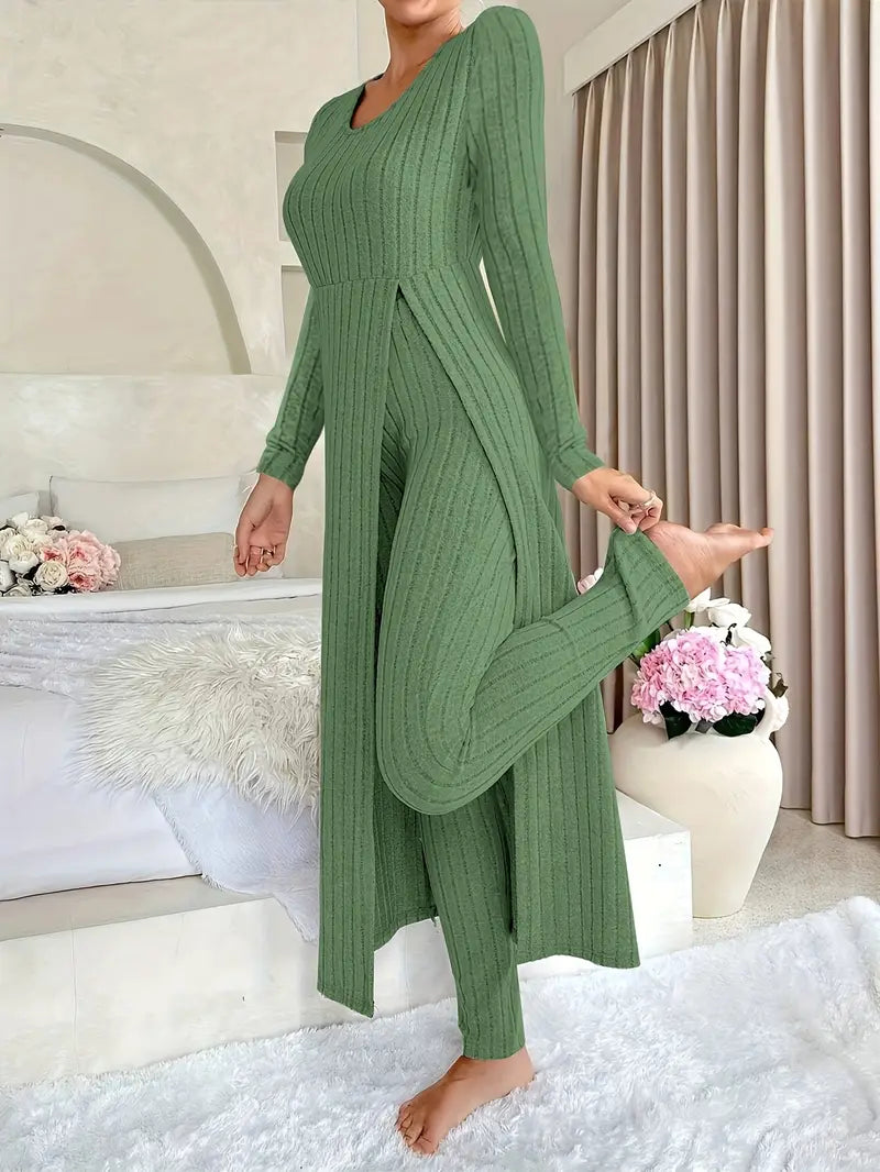 Two-piece Set of Ribbed Long-sleeved Top and Pants for Women