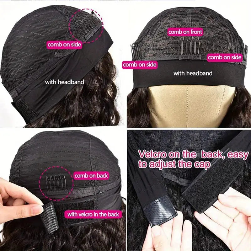 Headband Wig Human Hair Curly Headband Wigs for Human Hair Glueless None Lace Front Wigs Brazilian Virgin Hair Wig Machine Made 180% Density Natural Black Color Breathable