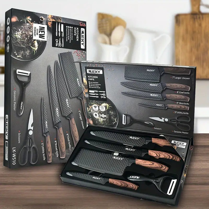 Professional 6pcs Kitchen Knives Set, Chef, Cleaver, Slicer, Utility Knife Peeler& Scissors Stainless Steel Ultra Sharp